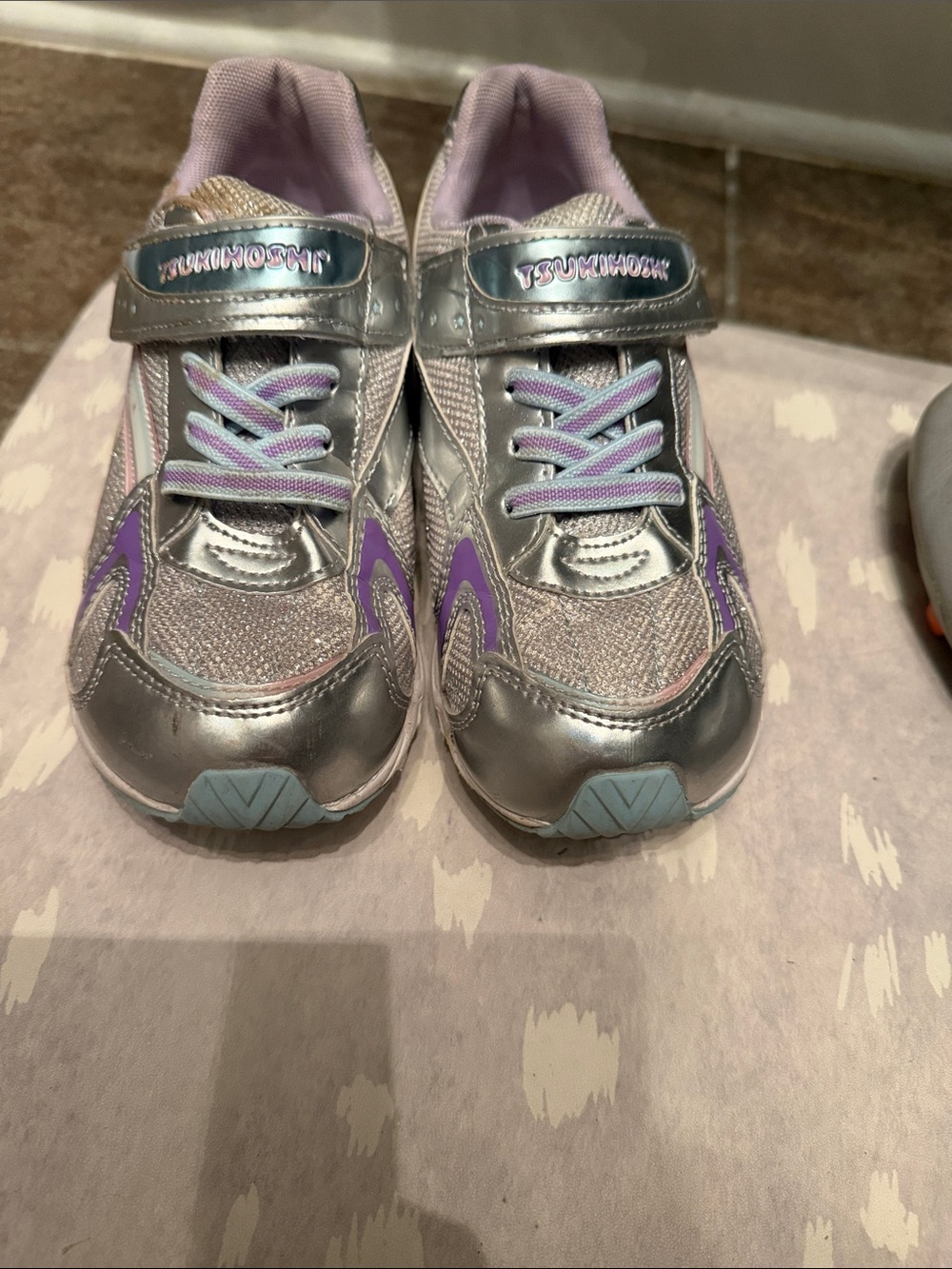 Tsukihoshi Silver Sneakers with Purple Accents and Light Blue Soles